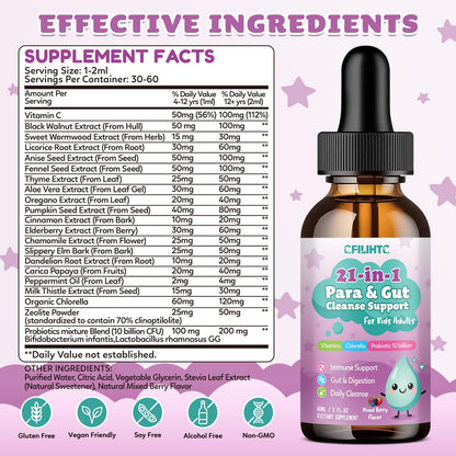21 in 1 Parasite Cleanse for Humans & Kids, Herbal Gut Cleanse & Detox Support, Wormwood Black Walnut Pumpkin Seed, Probiotics 10 Billion CFU, Digestive