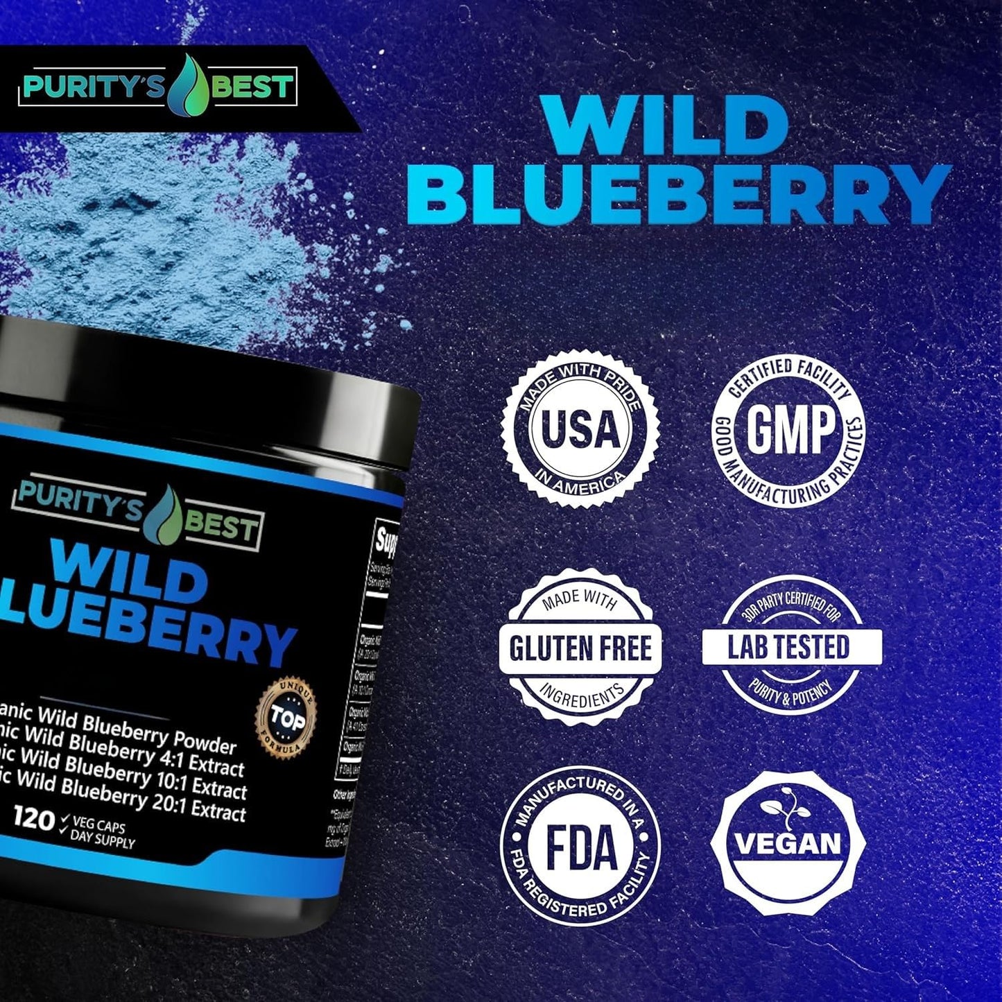 Purity’s Best Wild Blueberry Extract, Rich in Flavonoids & Anthocyanins, Antioxidant Support for Brain & Heart Health, 4-Month Supply
