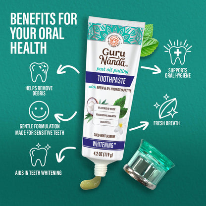 GuruNanda Hydroxyapatite Toothpaste for Whitening with Neem & Xylitol, SLS & Fluoride Free Formula with Tongue Scraper & Squeezer - Freshens Breath, Fights Plaque