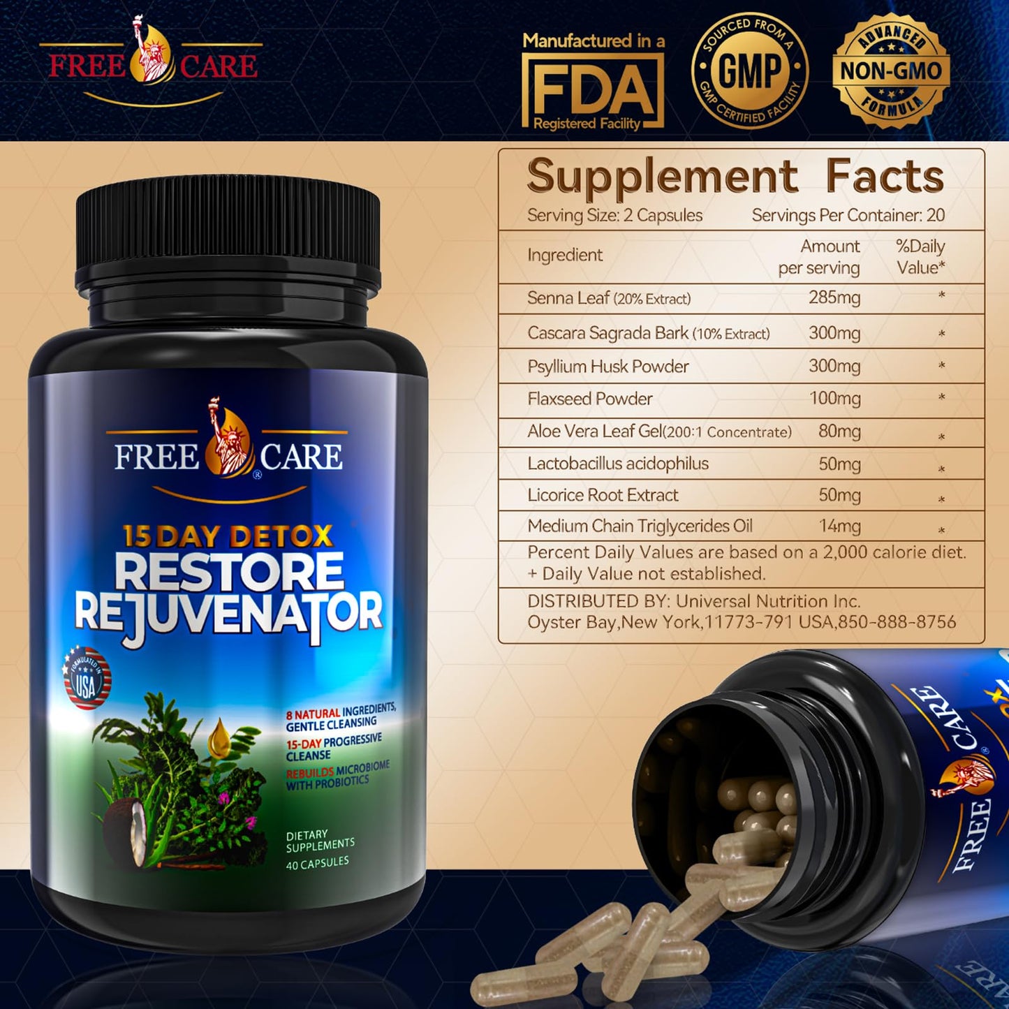 FreeCare Colon Cleanse 15+5Day Upgrade,Advanced Gut Cleanse Detox for Women & Men Fast Natural Laxative for Constipation Relief with Cascara Sagrada, Psyllium Husk