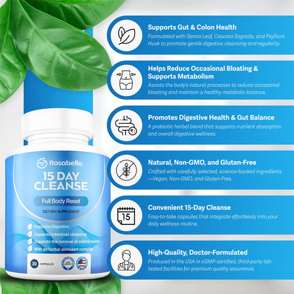 Rosabella 15 Day Cleanse – Full Body Detox & Colon Cleanse for Men & Women – Gut Cleanse Detox Pills for Digestive Health & Bloating Relief