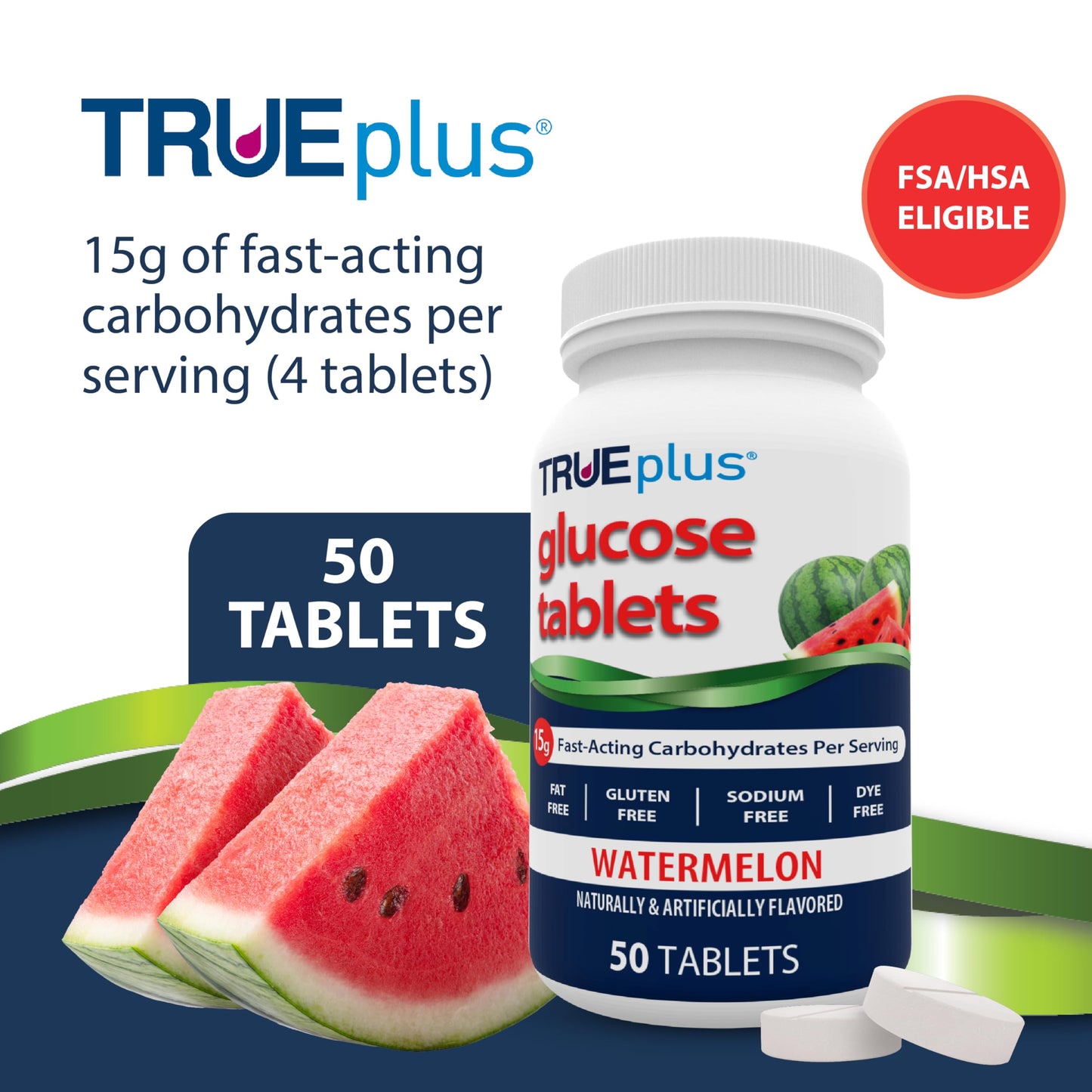 TRUEplus Glucose Tablets, Chewable, Watermelon Flavor, 15g Fast-Acting Carbohydrates, Dye Free, Gluten Free, No Fat, Boost Energy, 50 Count