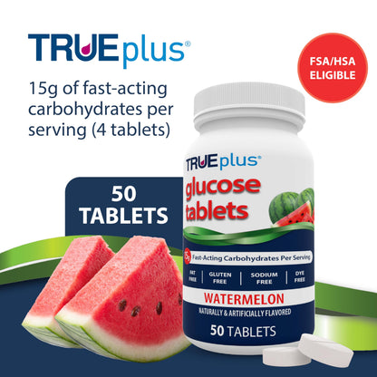 TRUEplus Glucose Tablets, Chewable, Watermelon Flavor, 15g Fast-Acting Carbohydrates, Dye Free, Gluten Free, No Fat, Boost Energy, 50 Count