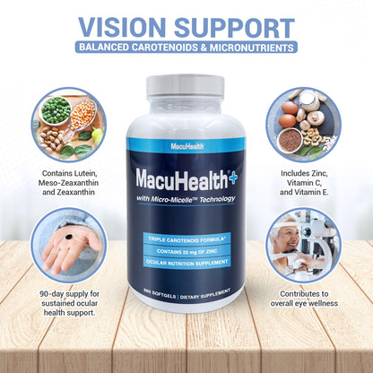Macuhealth Plus+ Eye Vitamins Supplement for Adults - 90 Day Supply with Lutein, Zeaxanthin, and Meso-Zeaxanthin
