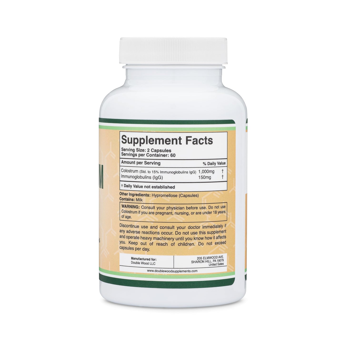 Colostrum Supplement 120 Capsules, 1,000mg per Serving (Bovine Colostrum Powder from First Milking Only, Std. to Contain 15% IgG Immunoglobulins) No Fillers