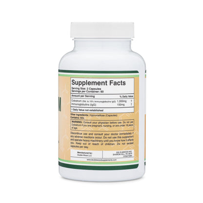 Colostrum Supplement 120 Capsules, 1,000mg per Serving (Bovine Colostrum Powder from First Milking Only, Std. to Contain 15% IgG Immunoglobulins) No Fillers