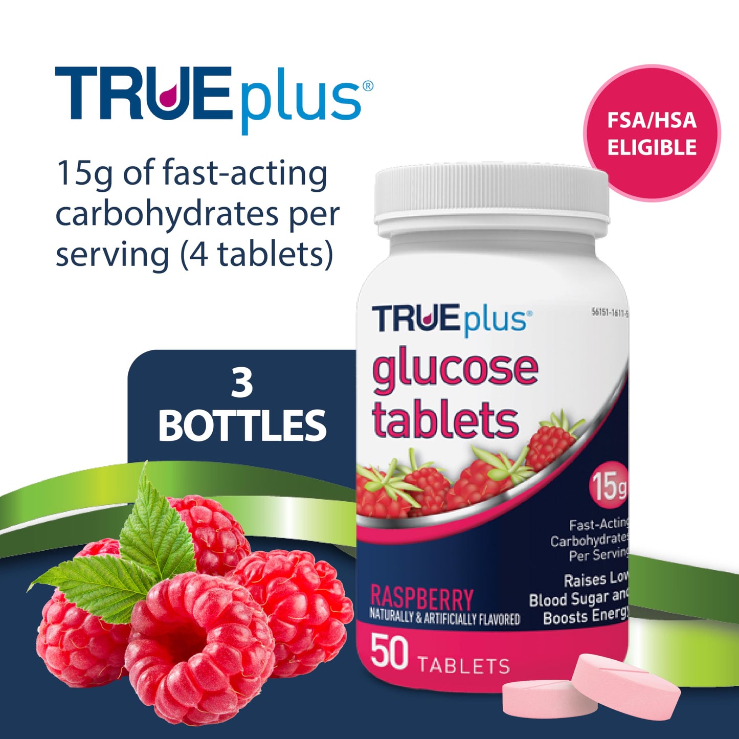 TRUEplus Glucose Tablets, Chewable, Raspberry Flavor, 15g Fast-Acting Carbohydrates, Fat Free, Gluten Free, Boost Energy, 50 Count, 3 Bottles