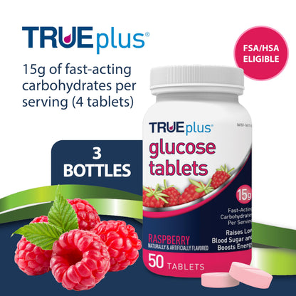 TRUEplus Glucose Tablets, Chewable, Raspberry Flavor, 15g Fast-Acting Carbohydrates, Fat Free, Gluten Free, Boost Energy, 50 Count, 3 Bottles