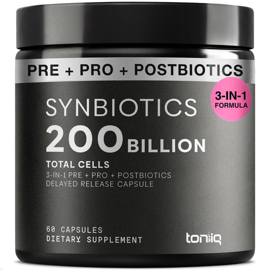 Toniiq Prebiotics and Probiotics – 200B CFU Synbiotic with Postbiotics IMMUSE® & ButyraGen® – 30 Strains for Gut & Digestive Health – Shelf-Stable