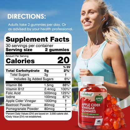 careleaf Apple Cider Vinegar Gummies, Metabolism Gummy with 1000mg AVC & Vitamin B6 Vitamin B12, ACV Gummies for Metabolism,