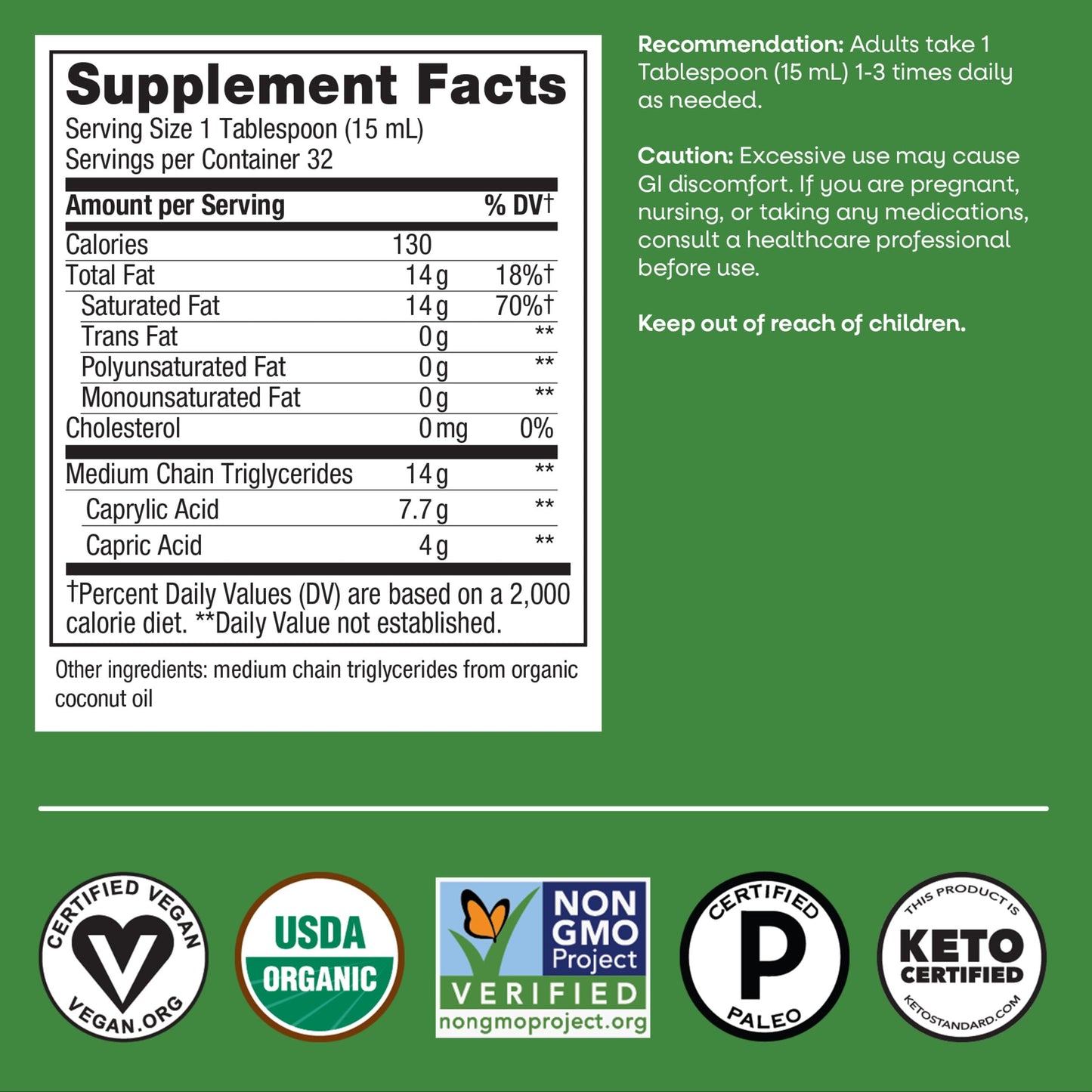 Nature's Way Organic MCT Oil, Brain and Body Fuel*, Liquid Coconut MCT Oil with C8 Caprylic & C10 Capric Acids, 14 g Medium Chain Triglycerides per Serving,