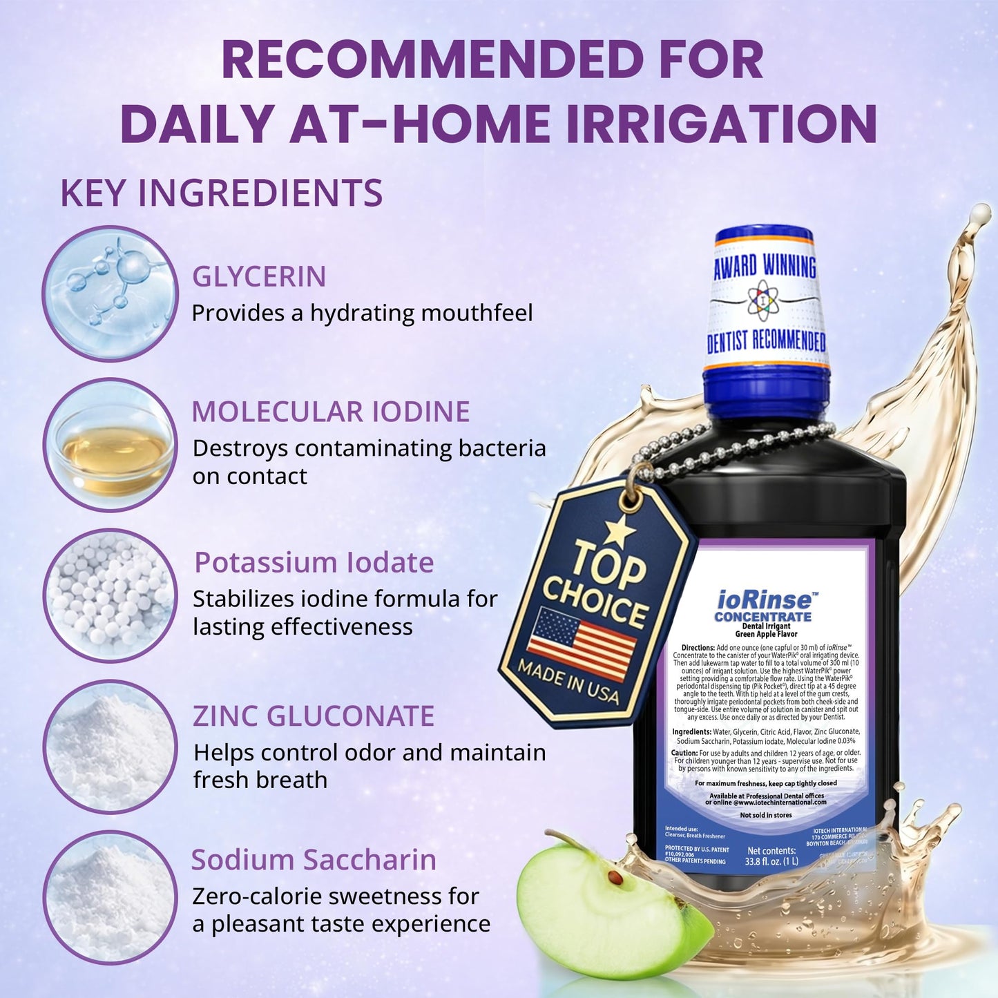 ioRinse Concentrated Irrigant with Active Molecular Iodine, Alcohol-Free Dental Irrigant, for use with Waterpik Water Flossers