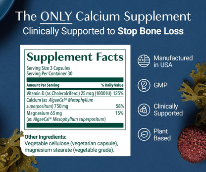 ALGAECAL - Plant Based Calcium Supplement for Women & Men - Organic Calcium 750mg with Vitamin D3 1000 IU, 13 Minerals for Bone Strength