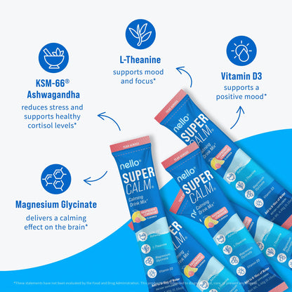 Nello Supercalm Powdered Drink Mix, Cortisol Reducer and Sleep Aid Supplement, L Theanine, Ksm-66 Ashwagandha, Magnesium Glycinate, Vitamin D 3, No Sugar, Non GMO