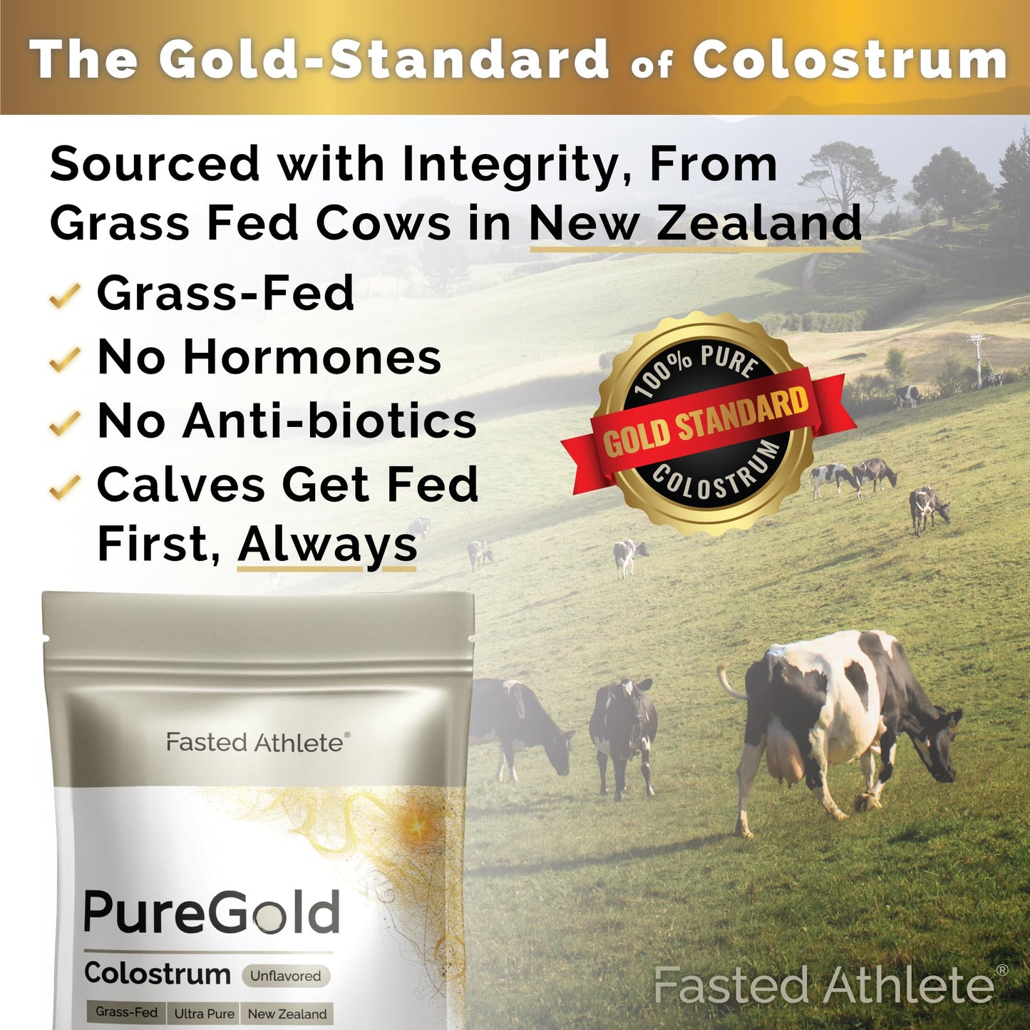 PureGold - Bovine Colostrum Powder - 100% Pure New Zealand Grass Fed, Supports Gut Health, Skin, Hair, & Immunity