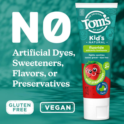Tom’s of Maine Natural Kids Fluoride Toothpaste, 3 Pack, For Kids Ages 2 and Up, Great Toddler Toothpastes, No Artificial Flavors, Dyes