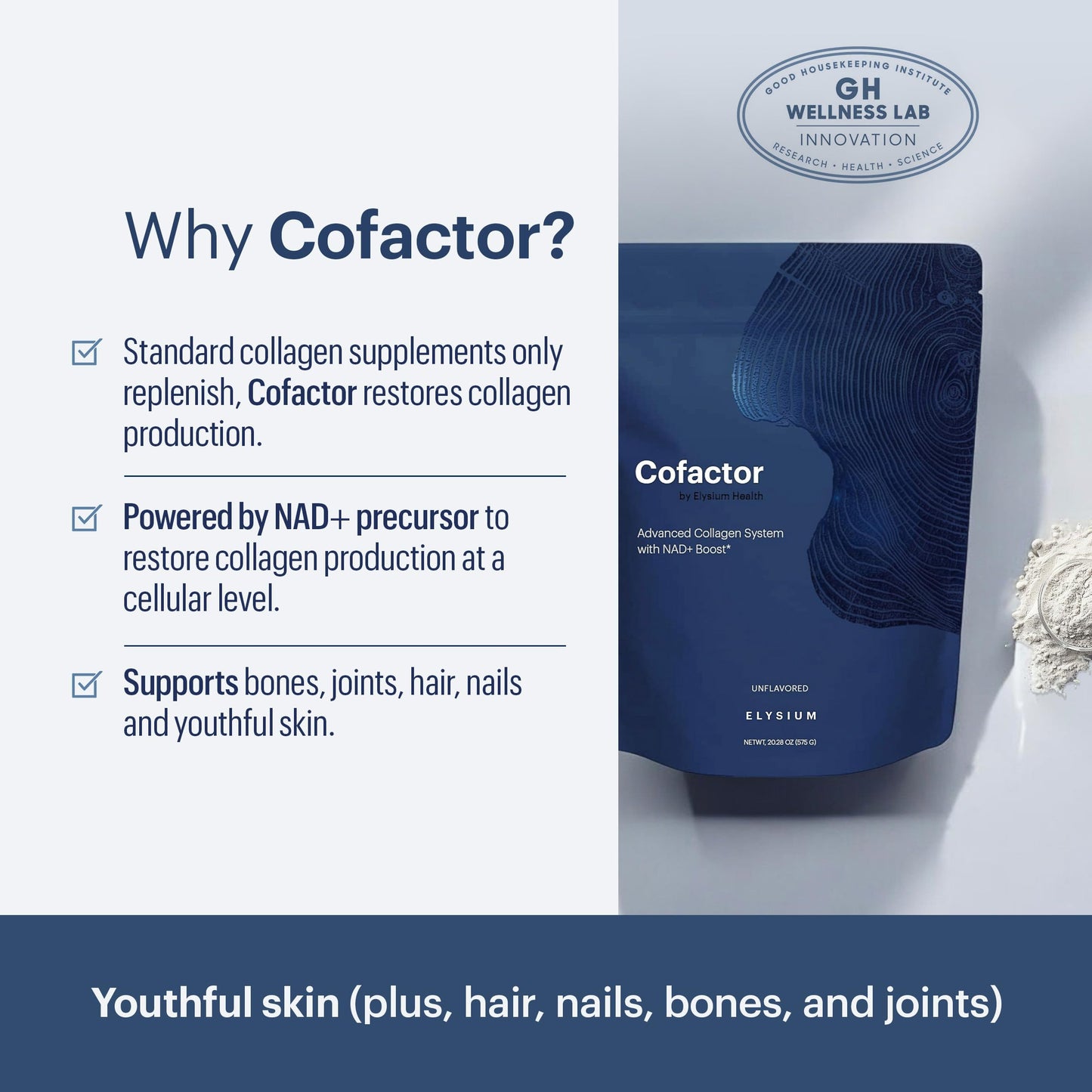 ELYSIUM Cofactor – 4-in-1 Collagen Peptides Powder w/NAD+, Hyaluronic Acid & Vitamin C for Skin, Hair, Nails, Joints & Cellular Health, Collagen Supplements