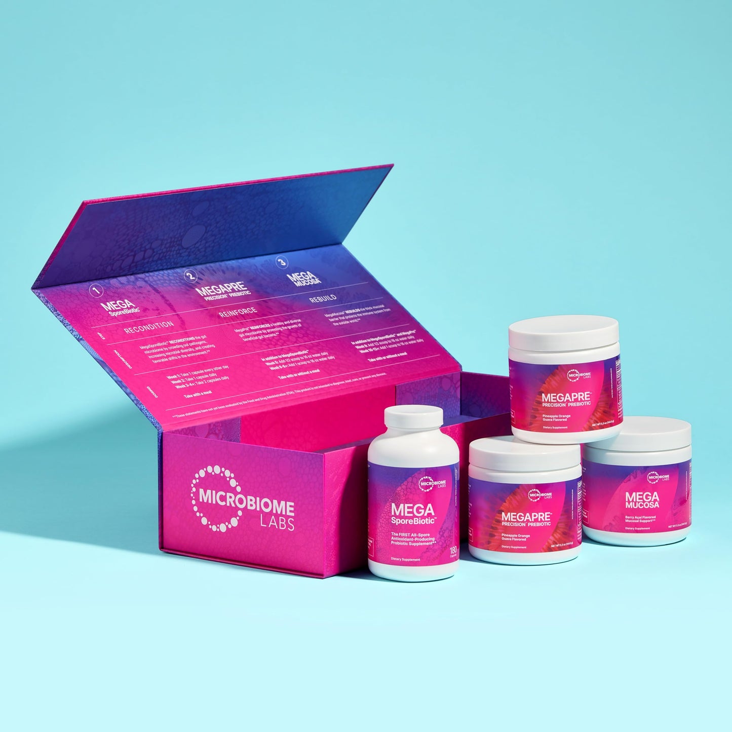 Microbiome Labs Total Gut Restoration Kit (Powder) - 3-Product Gut Health Spore Based Probiotic, Prebiotic Powder & Mucosal Immunoglobulin + Amino Acids Supplement