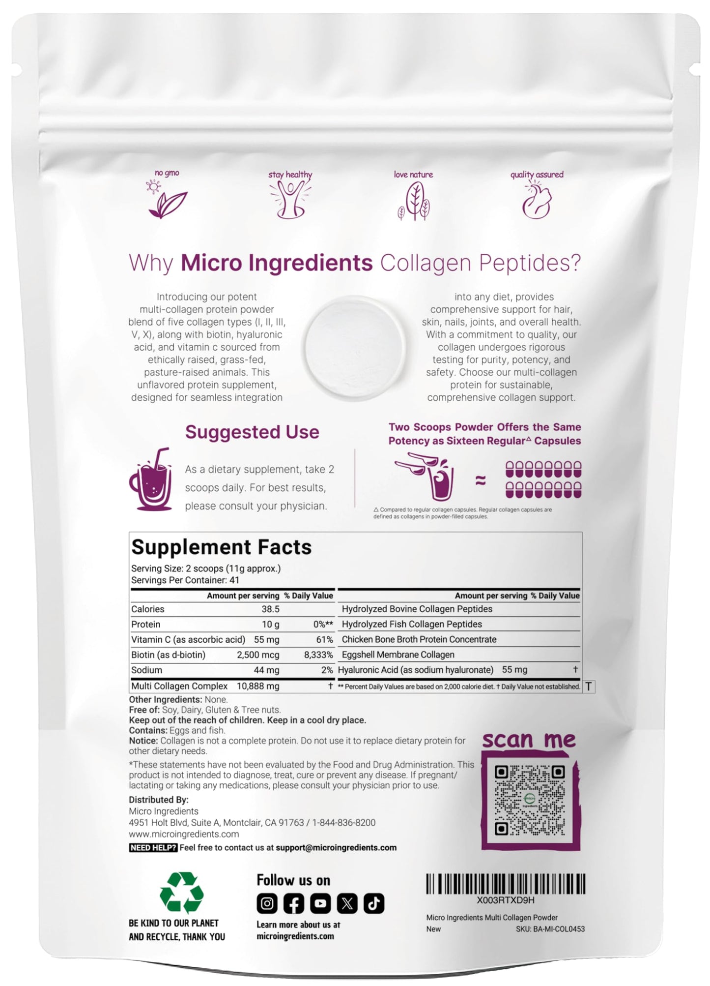 Micro Ingredients Multi Collagen Peptides Powder, 1lb – Hydrolyzed Type I,II,III,V,X with Biotin, Hyaluronic Acid, Vitamin C – Unflavored Collagen
