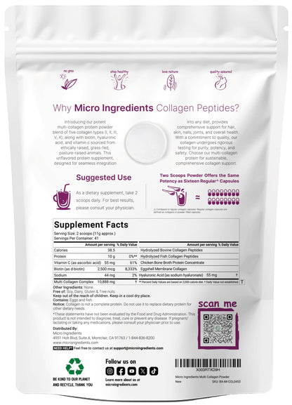 Micro Ingredients Multi Collagen Peptides Powder, 1lb – Hydrolyzed Type I,II,III,V,X with Biotin, Hyaluronic Acid, Vitamin C – Unflavored Collagen
