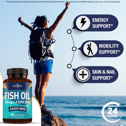 NEW AGE Omega 3 Fish Oil 2500mg Supplement Non GMO - EPA, DHA Fatty Acids Gluten Free (180 Softgels (Pack of 2))