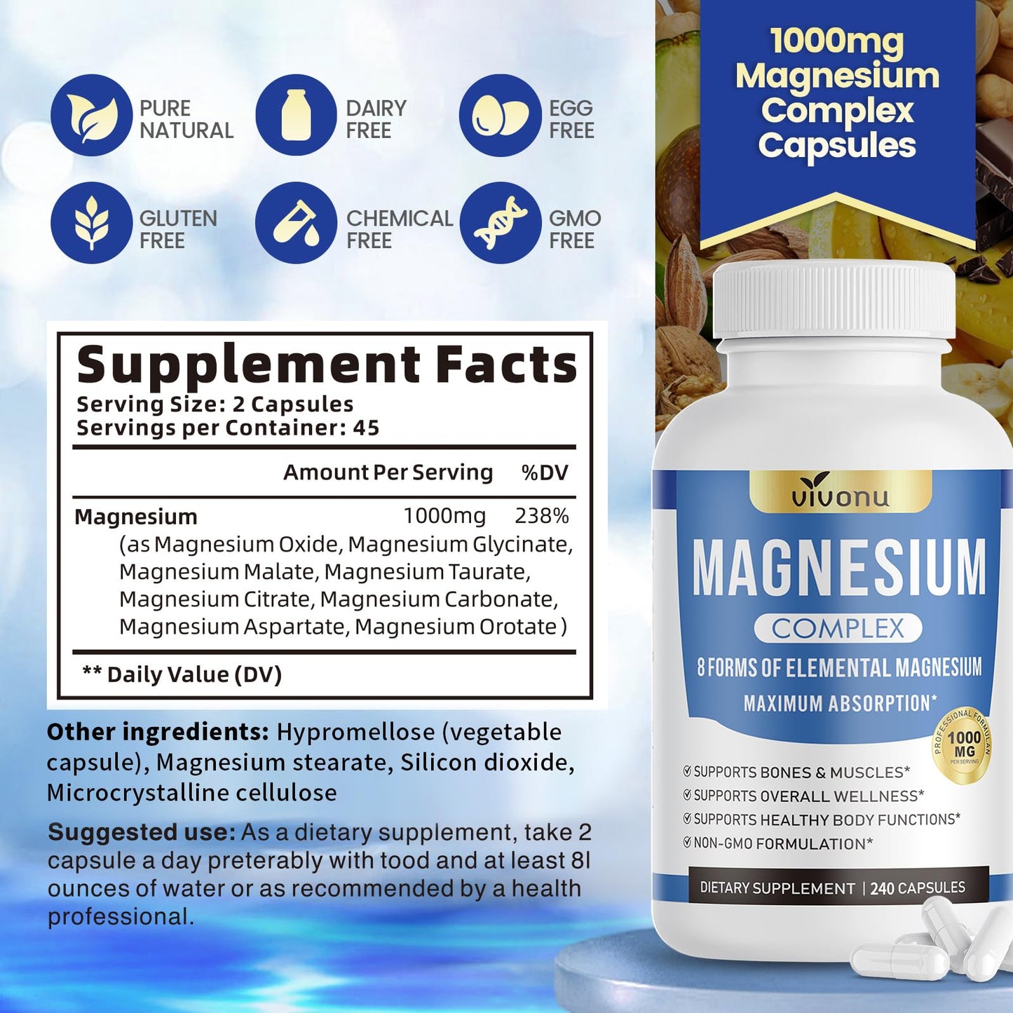 1000mg Magnesium Complex for Women & Men*, 8 Elemental with Magnesium Glycinate, Citrate, Malate, Taurate, Oxide, Carbonate, Aspartate, Orotate for Bones, Muscle
