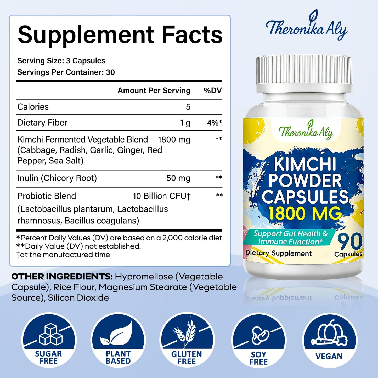 Kimchi Probiotic Capsules, Fermented Kimchi Powder with 10 Billion CFU Probiotics & Prebiotic Inulin, Gut Health & Digestive Support, Fermented Vegetable
