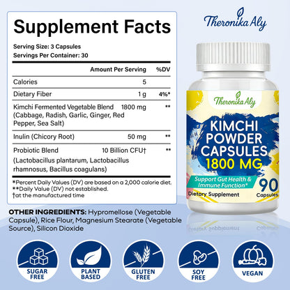 Kimchi Probiotic Capsules, Fermented Kimchi Powder with 10 Billion CFU Probiotics & Prebiotic Inulin, Gut Health & Digestive Support, Fermented Vegetable