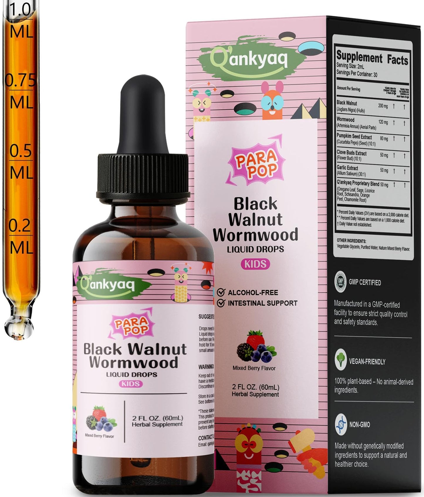 Q'ankyaq Black Walnut Wormwood Liquid for Kids, Gut Cleanse for Children Drops, Natural Detox Support, Gut & Immune Support with Cloves, Garlic,