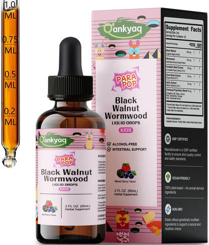 Q'ankyaq Black Walnut Wormwood Liquid for Kids, Gut Cleanse for Children Drops, Natural Detox Support, Gut & Immune Support with Cloves, Garlic,