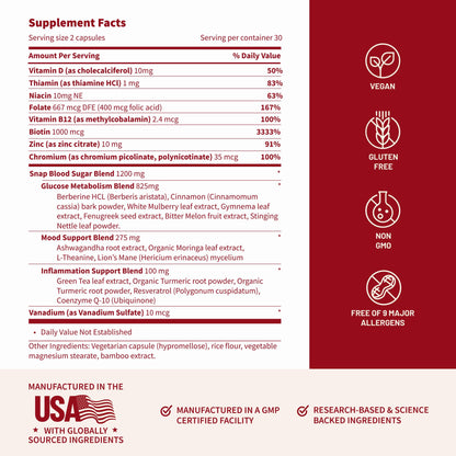 Snap Supplements Blood Sugar Blend, CoQ10, Cinnamon, and Gymnema to Support Already Healthy Blood Sugar, Metabolic Health and Energy,