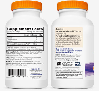 OmegaVia EPA 500, Purified Omega-3 Fish Oil Supplement, 500 mg EPA in Triglyceride Form, Burpless Fish Oil, Non-GMO, Gluten-Free, IFOS 5-Star, 120 Softgels