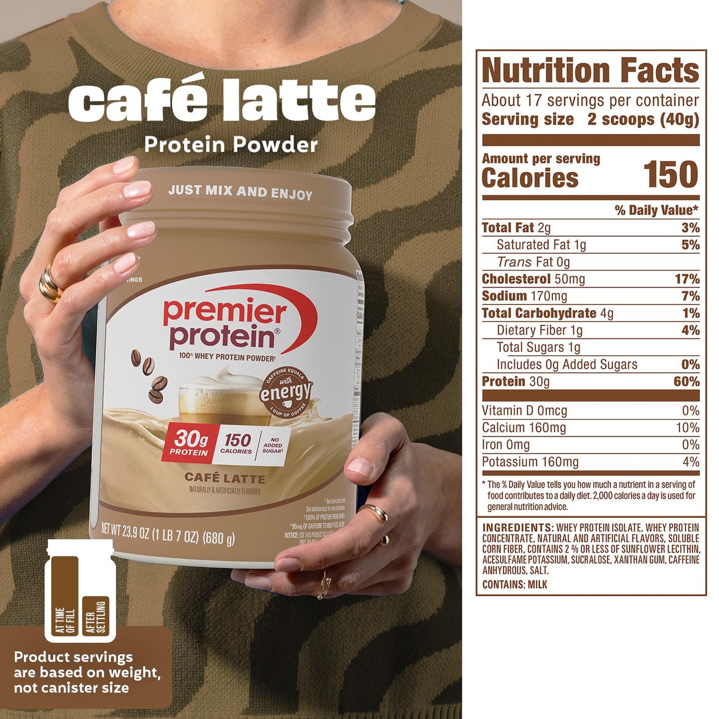 Premier Protein Powder, Café Latte, 30g Protein, 95mg Caffeine for Energy, No Added Sugar, 100% Whey Protein, Keto Friendly
