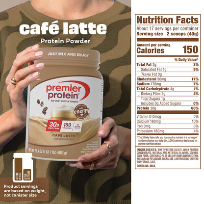 Premier Protein Powder, Café Latte, 30g Protein, 95mg Caffeine for Energy, No Added Sugar, 100% Whey Protein, Keto Friendly
