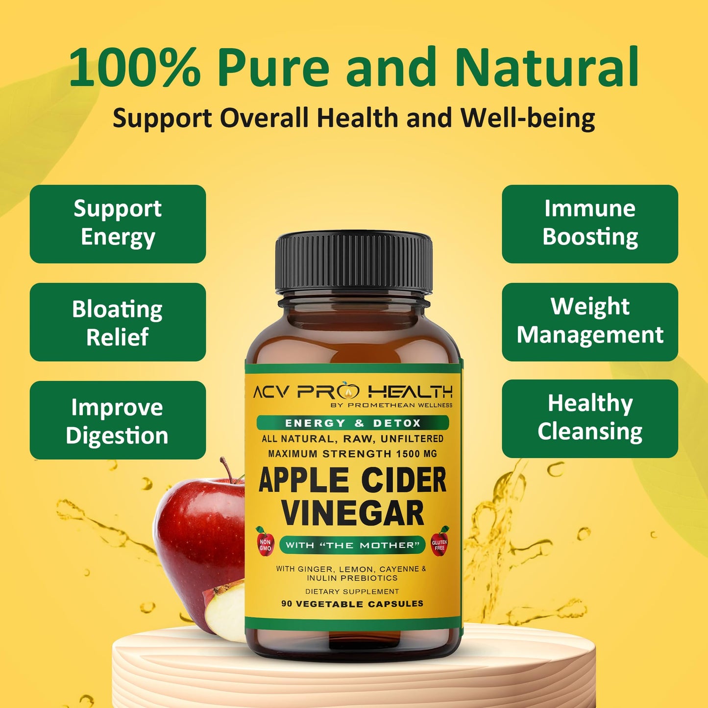 Promethean Wellness 2-PK (180 Count) ACV Pro Apple Cider Vinegar Capsules Certified Organic with Mother ACV Pills Detox Cleanse Acid Reflux Relief Support Supplement