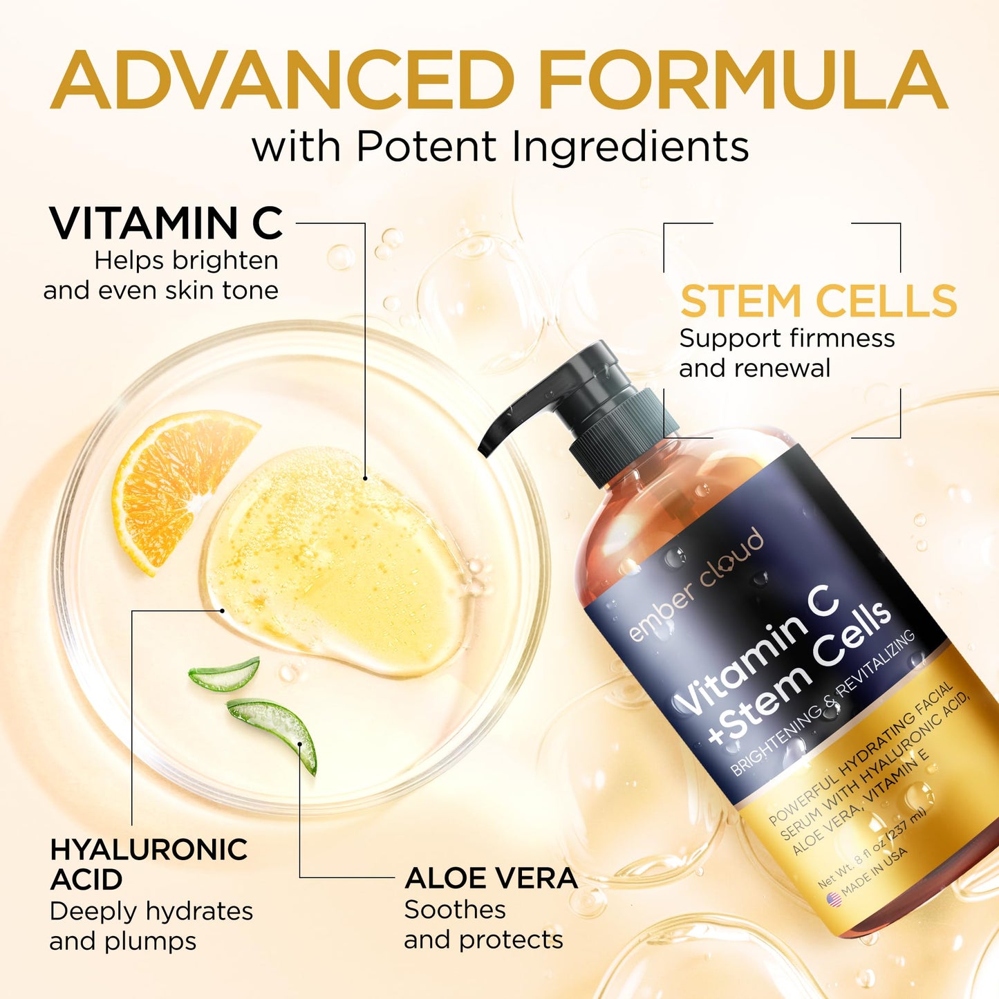 Vitamin C Serum for Face with Stem Cells Hyaluronic Acid Aloe Vera Vitamin E Anti-Aging Face Serum Supports Skin Health & Even Tone