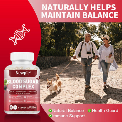 Blood Sugar Complex Supplement – Natural with 20 Active Herbs and Vitamins, Including Cinnamon, Bitter Melon, Black Pepper, Licorice, Vegan, Non-GMO, Gluten-Free, 60 Capsules