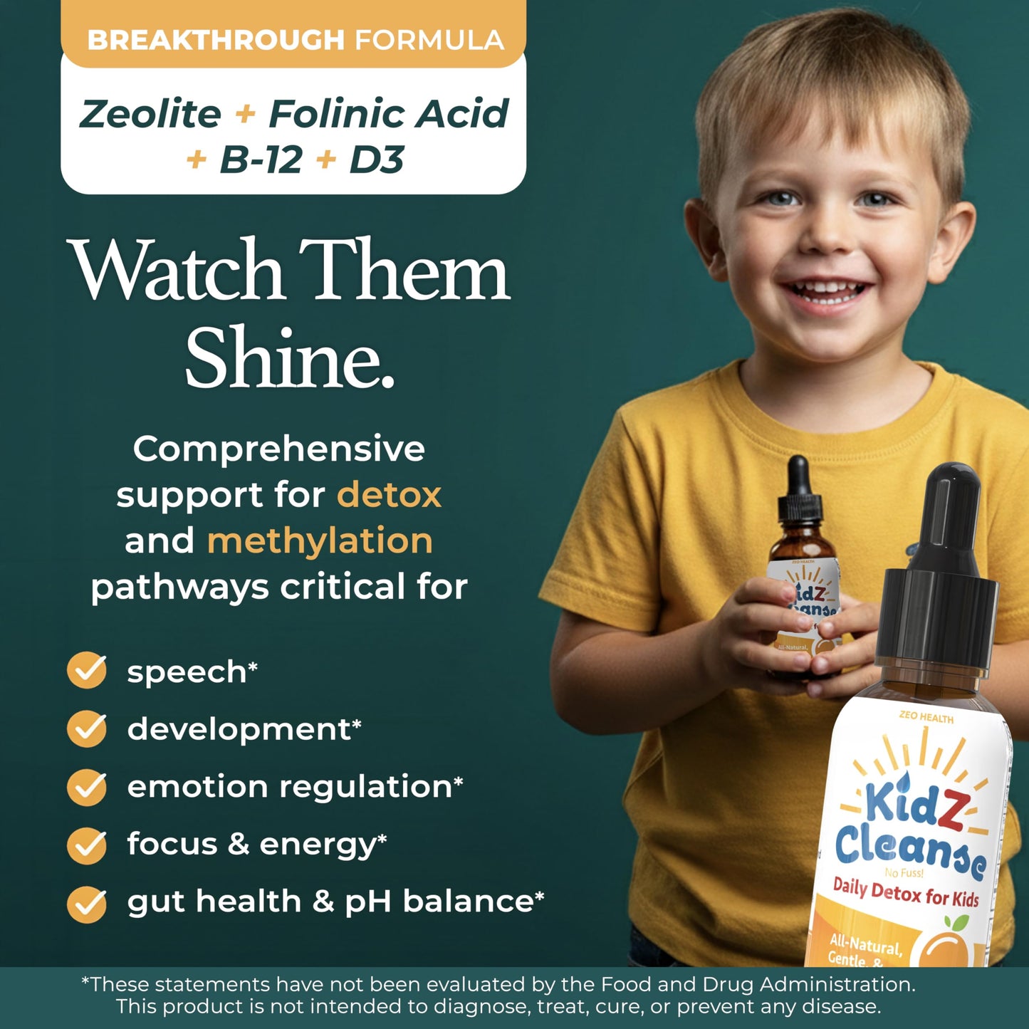 Zeolite Detox for Kids with Folinic Acid + Methyl B12 + D3 | Methylation + Heavy Metal Detox Support Supplement | Promotes Behavioral, Focus