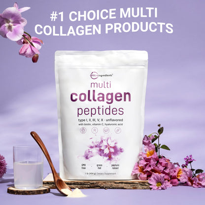 Micro Ingredients Multi Collagen Peptides Powder, 1lb – Hydrolyzed Type I,II,III,V,X with Biotin, Hyaluronic Acid, Vitamin C – Unflavored Collagen