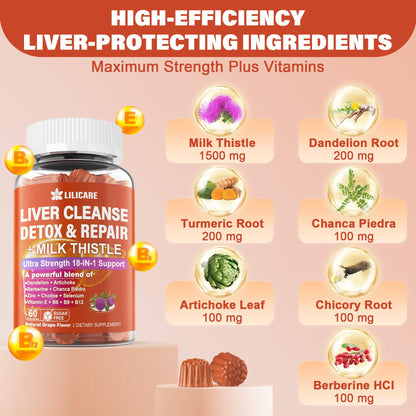 Milk Thistle Liver Detox Gummies, 18-IN-1 Liver Cleanse Detox & Repair Supplement with Berberine, Chicory Root, Turmeric, Artichoke, Dandelion Root, Chanca Piedra