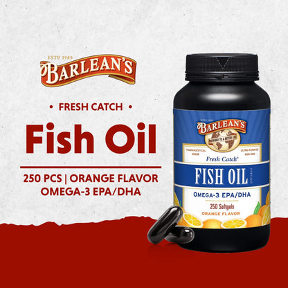 Barlean's Omega 3 Fish Oil Supplements, 600mg Fish Oil Pills with EPA & DHA, Softgels for Joint, Brain, & Heart Health, Orange Flavored, 250 Count