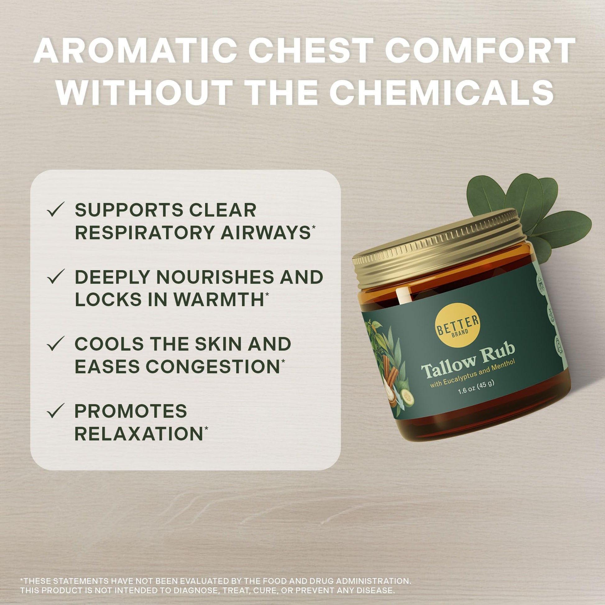 Betterbrand Petroleum-Free Medicated Tallow Rub – Natural Vapor Rub Alternative with Menthol & Eucalyptus - Grass-Fed Tallow Balm for Chest Congestion Relief - 1.6oz BetterbrandBuy Supplements Australia