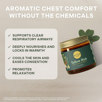 Betterbrand Petroleum-Free Medicated Tallow Rub – Natural Vapor Rub Alternative with Menthol & Eucalyptus - Grass-Fed Tallow Balm for Chest Congestion Relief - 1.6oz BetterbrandBuy Supplements Australia