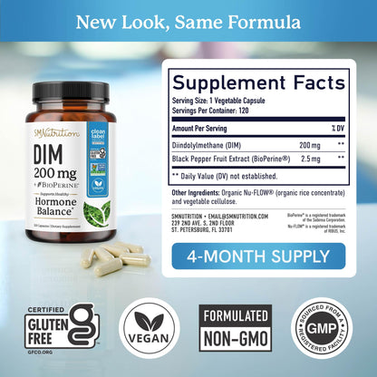 DIM Supplement 200 mg (120 Ct) | Estrogen Balance for Women & Men | Hormone Balance, Hormonal Acne Supplements, Menopause, Antioxidant & PMS Support