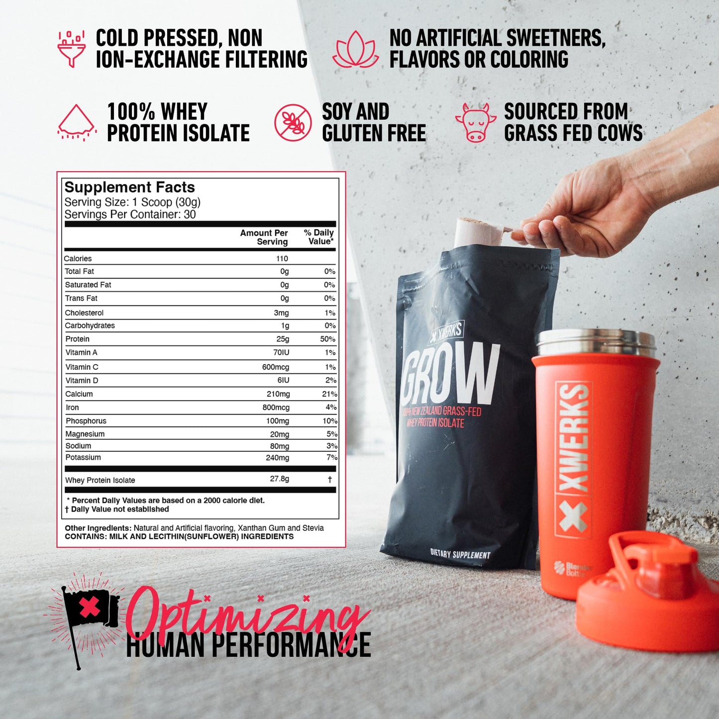 Xwerks Grow Whey Protein Powder, 25g Pure Isolate Protein from New Zealand Grass Fed Cows, Builds Strength and Speeds Recovery, Paleo and Keto Friendly,