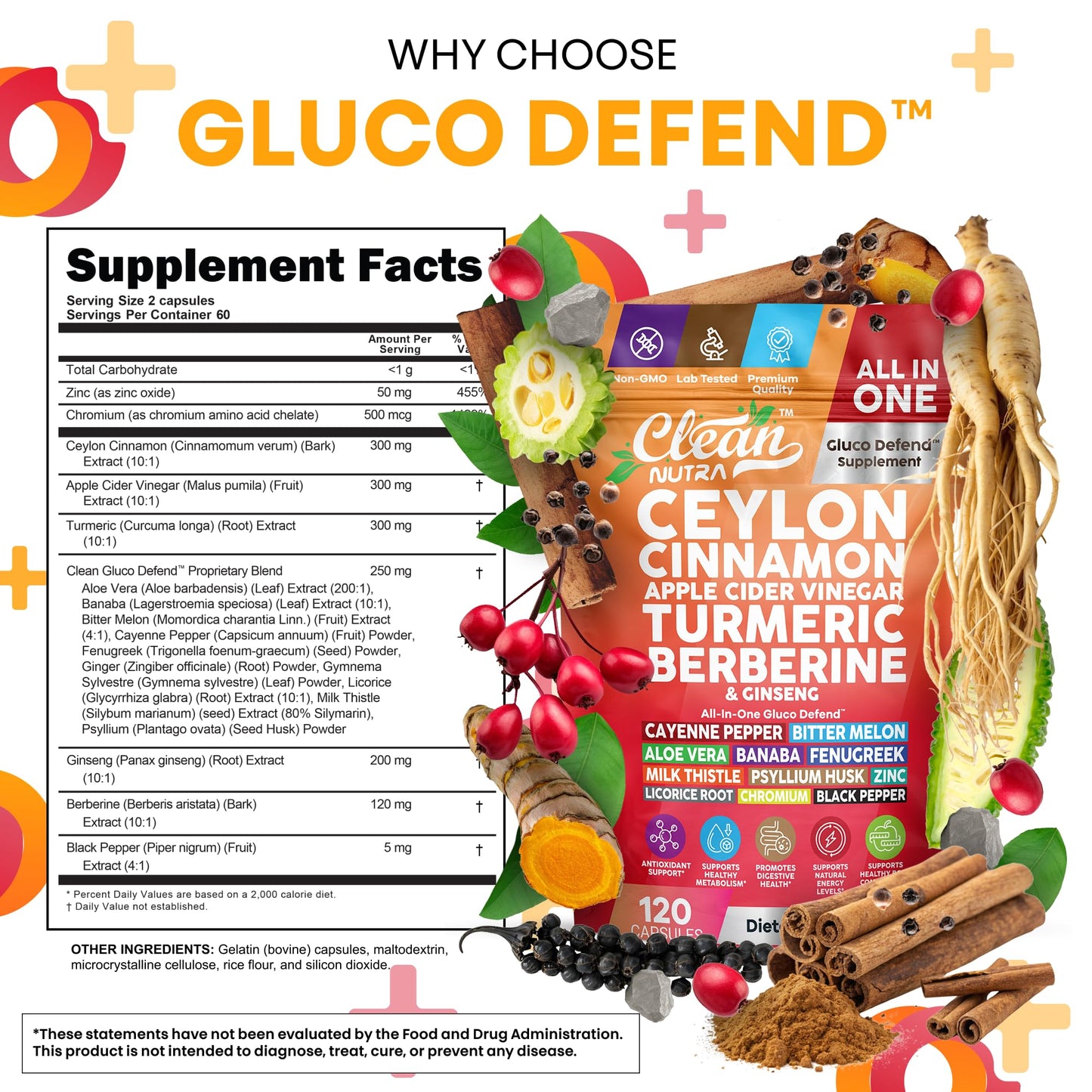 Ceylon Cinnamon Capsules + Apple Cider Vinegar Turmeric Supplement Ginseng Cayenne Pepper Bitter Melon Aloe Vera Fenugreek Milk Thistle Chromium