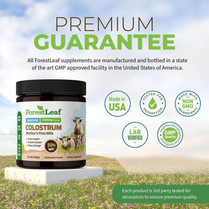 ForestLeaf Colostrum Powder 50% IgG Highest Pure Concentration, Grass Fed Colostrum Supplement for Gut Health, Immune Support and Muscle Recovery,