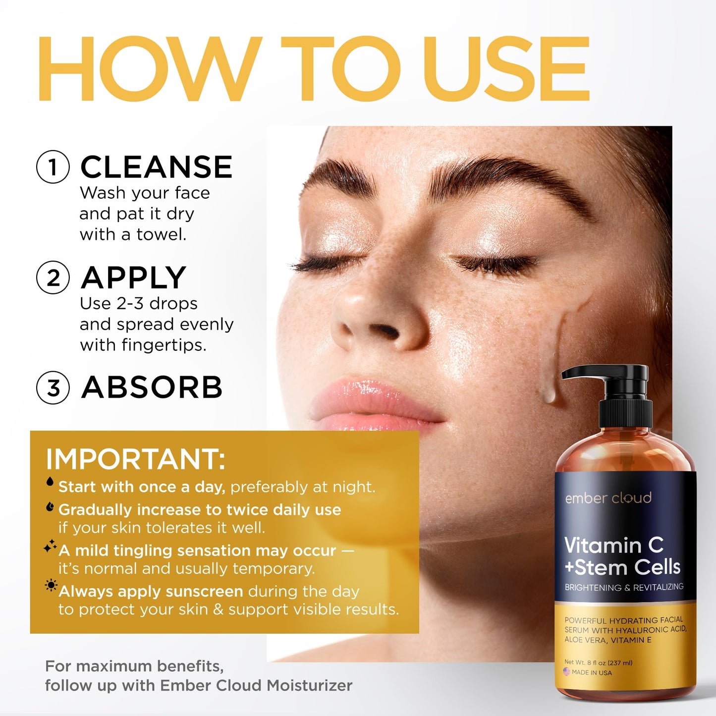Vitamin C Serum for Face with Stem Cells Hyaluronic Acid Aloe Vera Vitamin E Anti-Aging Face Serum Supports Skin Health & Even Tone