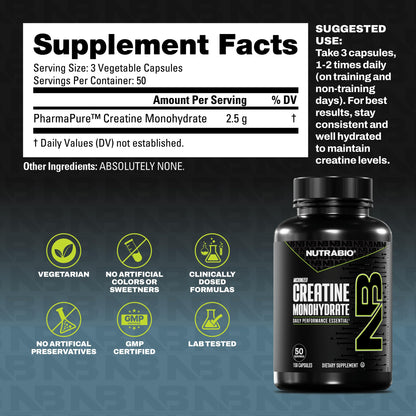 NutraBio Pure Micronized Creatine Monohydrate Capsules, Creatine Pills, Supports Bulk Muscle Energy, Recovery, and Strength - Keto Friendly, Kosher