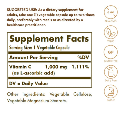 Solgar Vitamin C 1000 mg, 250 Vegetable Capsules - Antioxidant & Immune Support - Overall Health - Healthy Skin & Joints - Bioflavonoids Supplement